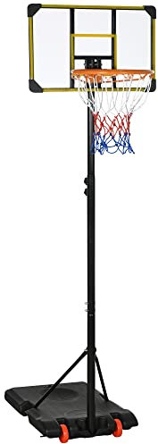 SPORTNOW Height Adjustable, Basketball Hoop and Stand with Firm Backboard and Weighted Base, Portable on Wheels, 2.1-2.4m, Yellow