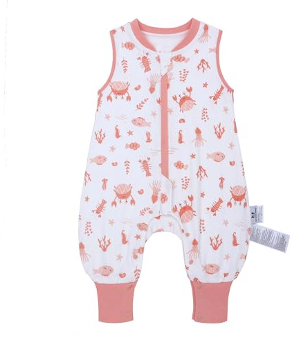 Babysovsäck med fötter 1,0 ToG perfekt för vår och höst, babysovsäck 100 % bomull, året runt-komfort för ditt barn (korall, L/85–95 cm)