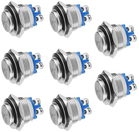 8 Pcs Pulsador Momentáneo, 16mm Momentáneo Pulsadores, Interruptores Pulsadores Momentáneos Impermeable de Acero Inoxidable, Terminales de Tipo Tornillo 2 A, 12 V/24 V/125 V/250 V CA(Cabeza Plana)