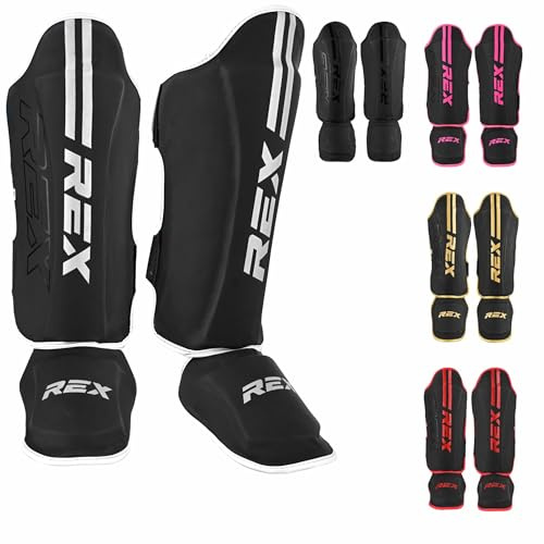 Rex Boxing Shin Guard Muay Thai Instep Leg Protector for Martial Arts, Kickboxing, BJJ, Karate, PU Leather reinforced MMA Shin Instep (BLACK/WHITE, XL)