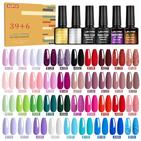 LEVIPE 45Pz Smalto Semipermanente Unghie, Smalti Semipermanenti per Unghie con Base Coat e Glossy & Matt Top Coat, Diamanti & Fluorescent Topcoat, Set Gel Smalto UV LED