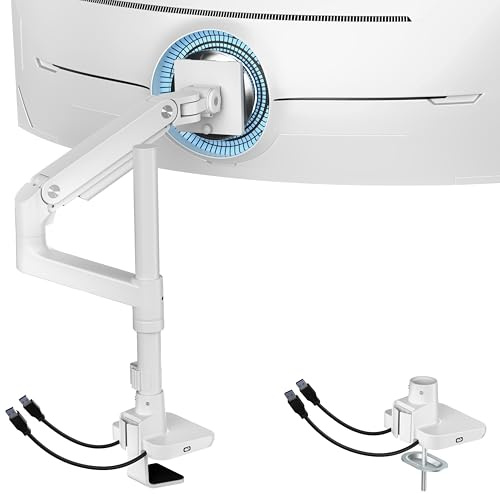 ARES WING Monitor Halterung mit USB A/C, Monitor Arm für 17-49 Flach Curved Bildschirm, Höhenverstellbar Bildschirmhalterung, Tischhalterung Tragfähigkeit Max 20kg,75/100mm Vesa-Halterung, Weiß