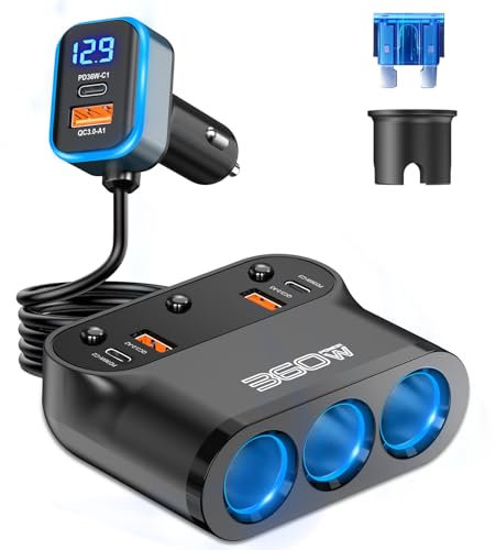 360W Avanzato 9 IN 1 Multi Presa Accendisigari Sdoppiatore per Auto, 36W PD USB Caricatore Adattatore Accendisigari 12V/24V con Interruttore Voltmetro Ricarica Rapida iPhone, Samsung, Dash Cam