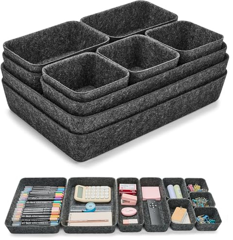 Eurhomewit Organisateur de Tiroir 9 Pièces en Feutre - Boîtes de Rangement Empilables pour Bureau, Maquillage, Bijoux, Coiffeuse, Accessoires - Noir