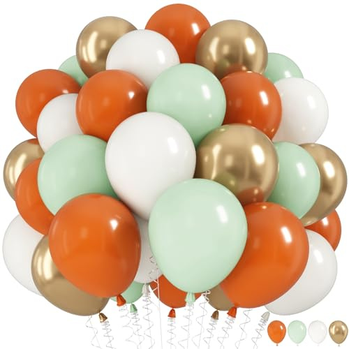 Fall Balloons Set, 12 Inch Thanksgiving Balloons, Retro Burnt Terracotta Rust Orange Dusty Sage Mint Green White Metallic Gold Latex Balloon for Thanksgiving Autumn Harvest Fall Birthday Decorations