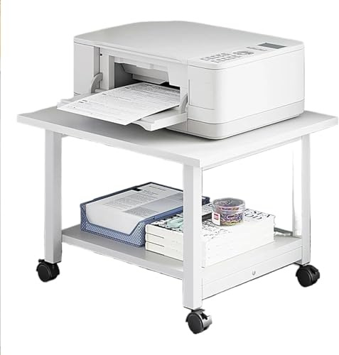 Support d'imprimante mobile à 2 niveaux avec étagère de rangement – Chariot d'imprimante compact sous le bureau pour petits espaces Étagère blanche avec double plateau pour bureau