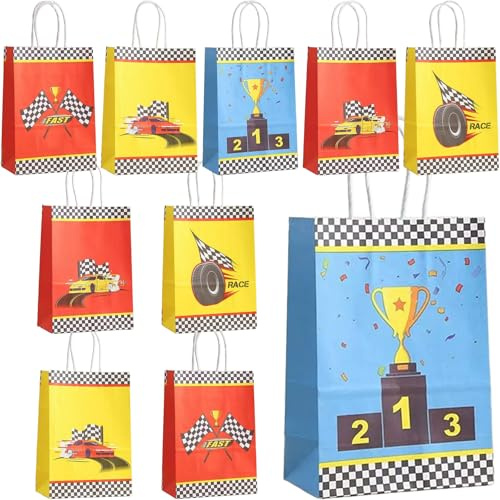 Bikasun 10 Stück Rennwagen Geschenktüte mit Griffen, Auto Party Papiertüten Süßigkeiten Geschenk Racing Car Geschenktüten Candy Tüten Mitgebsel Geburtstags Geschenktaschen, Blau Rot Gelb