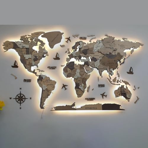 Mappa del mondo in legno con LED 3D, decorazione da parete in acrilico illuminato, extra large, decorazione da viaggio moderna, decorazione da parete illuminata per casa e ufficio