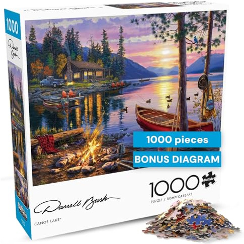 Buffalo Games - Canoe Lake 1000 Piece Puzzle for Adults - Jigsaw Puzzles – Darrell Bush Cabin Sunset Artwork with Poster – Challenging Outdoor Nature Scene