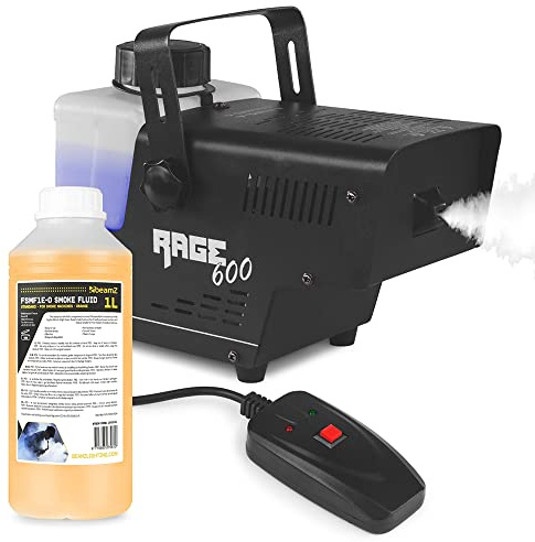 beamz RAGE600 Smoke Machine 600W Compact Halloween Fog Machine with Remote Control & 1L Smoke Fluid for Parties, Disco Lighting & Special Effects