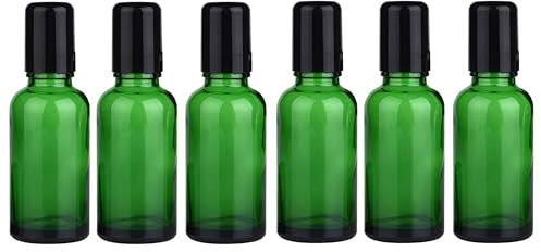 6PCS 50ml/1.7oz Empty Refill Green Glass Essential Oil Sample Packing Roll-on Bottles with Metal Roller Balls and Black Cap Cosmetic Aromatherapy Perfumes Lip Balms Vial Storage Holder Jar Pots