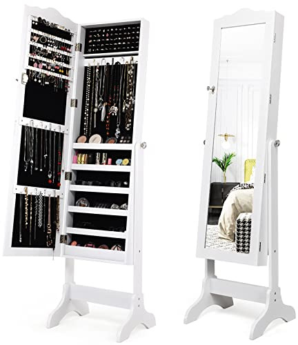COSTWAY Armoire à Bijoux sur Pied avec 2 Organiseurs Cosmétiques Amovibles, Angle Réglable avec Serrure Rangement Compartimenté pour Toutes Sortes de Bijoux Style Sobre et Soigné (Blanc)
