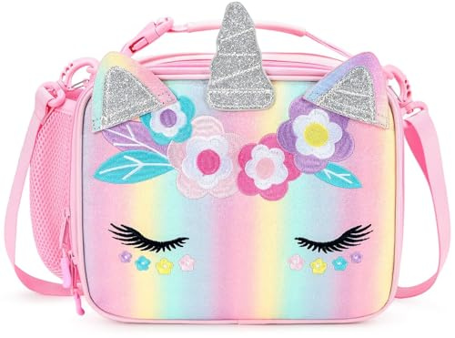 mibasies Unicorn Lunch Bag Kids Insulated Lunch Box for Girls with Water Bottle Holder and Shoulder Strap (Pink Blue Rainbow)