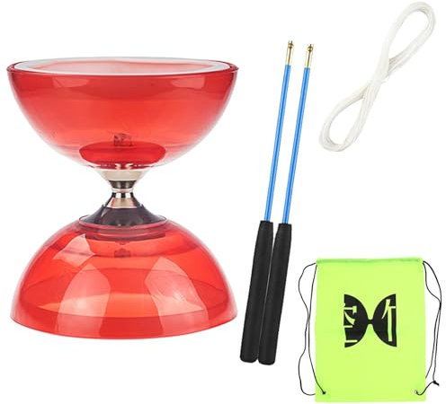 TopHomer Diabolo Freiläufer mit kugellager Dreifache Lagerung Jonglier-Set, 4 Farben Dreifach Gelagertes Diabolo mit Ersatzschnur 10m, Profi-Stange, Netzbeutel, Rot