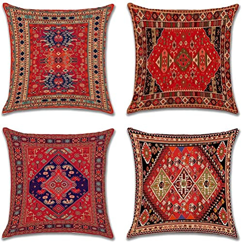 JOTOM Bohemian Style Throw Pillow Covers 40 x 40cm Square Decorative Cushion Covers Exotic Abstract Vintage Pillowcases for Sofa Couch Living Room Bedroom Outdoor Home Office Decor Set of 4 (Exotic)