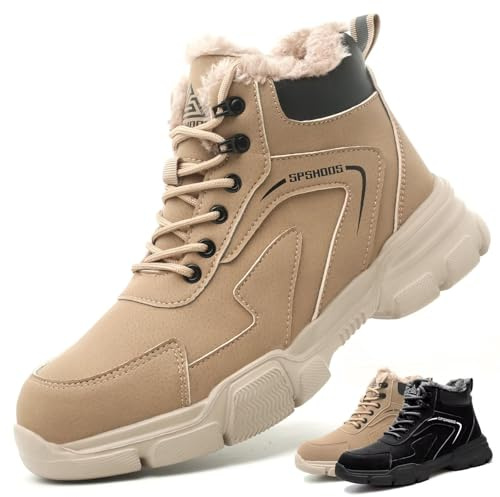 SPSHOOS Winter Sicherheitsschuhe Herren Damen Hoch Arbeitsschuhe Warm Gefüttert Sicherheitsstiefel Wasserdicht rutschfeste mit Stahlkappen Braun Khaki 36