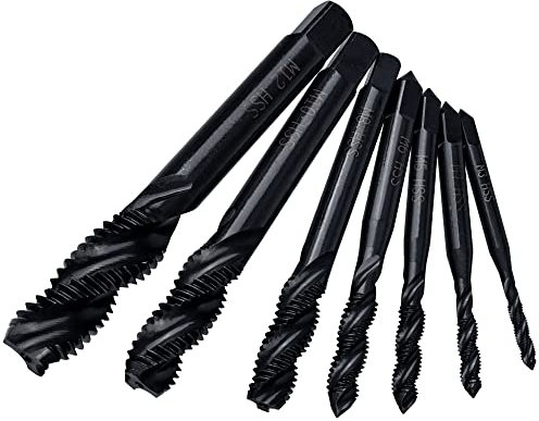 Mesee 7 Pieces HSS Thread Tap Set, Nitriding Coating Spiral Flute Taps M3 M4 M5 M6 M8 M10 M12 Metric Screw Taps and Drill Machine Tapping Threading Tool