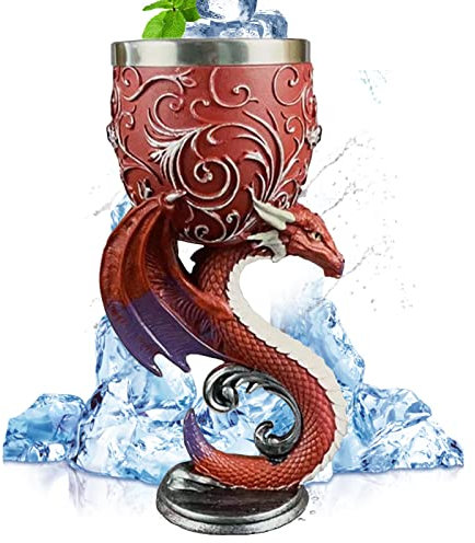 Tuzsocr Medieval Goblet - Verres à vin à motif de Dragon 3D,Gobelet à vin vintage en acier inoxydable,Tasse à thé et café en résine en relief décoration,pour Halloween, Bar, Fête à Thème(Dragon Rouge)