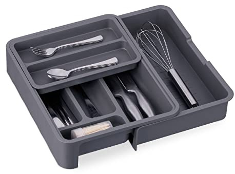 Relaxdays Bac à Couverts Extensible, H x L x P : 6,5 x 23,5-40 x 31,5 cm, 7 Compartiments, en Plastique, Gris foncé