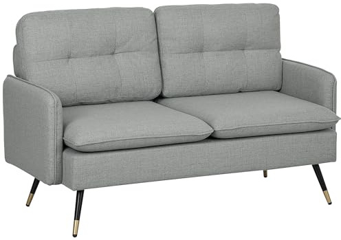 HOMCOM Modern Two Seater Sofa, Button Tufted Loveseat with Cushions and Steel Legs for Living Room, Guest Room, Grey