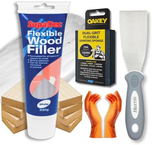 White Wood Filler Bundle with 330g Supadec Wood White Filler, Filling Tool, Oakey Sanding Sponge & Pair of Gloves - Easy Apply for All Types of Wood Repair - Flexible Filler Any for Hole, Gap & Crack