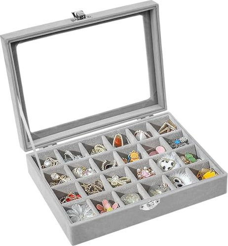 MEIYAXINWIN 24 scomparti portagioie donna,20x15x4,5cm Scatola per Gioielli in Velluto,Porta Orecchini Organizer,Scatola di gioielli con coperchio trasparente per anelli, orecchini, collane