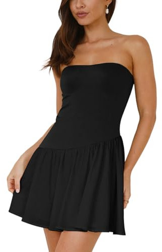 Hanaoops Sexy Kleid Damen Sommer Bandeau Minikleid Ärmellos Bodycon A Linie Partykleid Casual Trägerloses Kleider Y2k Streetwear