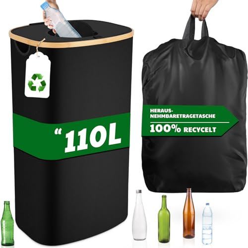 PHYSEN Poubelle de Recyclage 110L, Poubelle tri Selectif, Poubelle de tri de Dépôt Avec Trou, Poubelle Cuisine Avec Couvercle et Sac à Main, Systèmes de tri des Déchets pour Bouteille Plastique