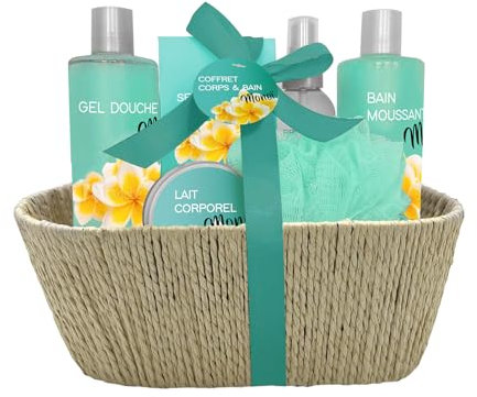 French Tendance - Coffret Bain Monoï - Bain Moussant 300ml, Gel Douche, Lait Corps, Brume, Sels de Bain - Cadeau Femme Beauté, Soin Corps, Bien Etre - Kit Cocooning Panier Corde Monoï