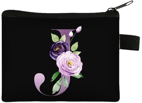 FAVORTALK Purse for Women Zipper Coin Purses Small Coin Bags for Girls Portable Change Wallet Mini Coin Pocket with Initial Change Holder for Men Floral Coin Bag with Zip Mini Black Purse - 43412