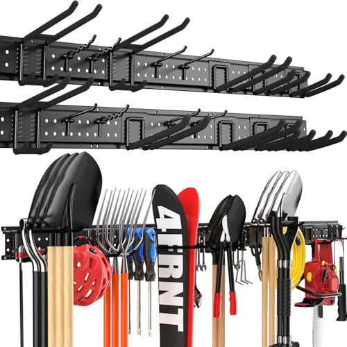 ZICANYCO Garage Tool Organizer Wall Mount 96 inches with 18 Adjustable Heavy-Duty Hooks, Garage Organization, Garden Tool Storage Rack, Yard, and Shed, Holds Up to 750 lbs