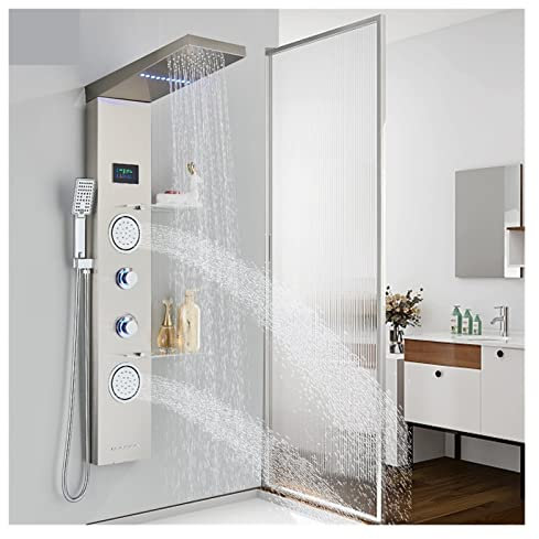 XCHSXYL Pannello Doccia a Cascata con Rubinetto per Doccia LCD con Luce LED Spazzolata, Colonna Doccia idromassaggio Spa per Bagno, Pannello Doccia a Pioggia con Rubinetto per mensola (Bronzo Nero