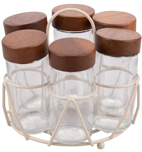 Villa d'Este Home Tivoli 1996 Set med 6 förvaringsburkar 90 ml av glas, lock av akaciaträ och järnstativ, 4 toner