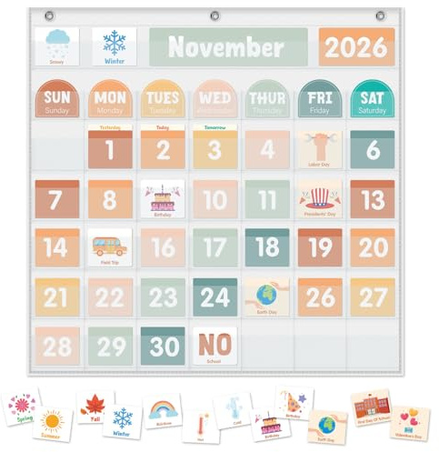 Large Calendar Pocket Chart, Calendar Learning Classroom Calendar Pocket Chart with 115 Cards for Classroom Calendar and Weather Pocket Chart for Home Kindergarten Learning(White)