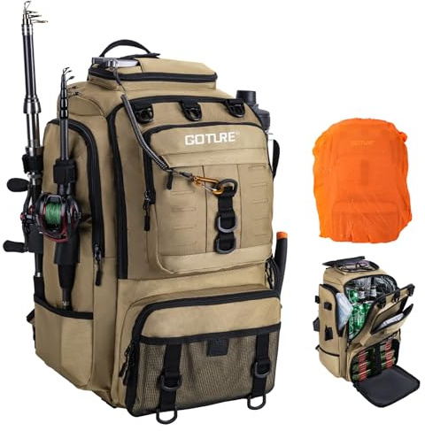 Goture Angelrucksack mit Kühltasche, 40-Liter Angelzubehör-Rucksack mit Zwei Rutenhaltern, 900D Oxford-Gewebe Wasserabweisende Angelgerätetasche mit verstellbarem Fach