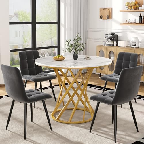 Matgrupp 5 delar, modernt matbord runt med 4 stolar, köksbordsset med MDF-bordsskiva och robusta metallben, utrymmesbesparande matmöbler för kök och vardagsrum
