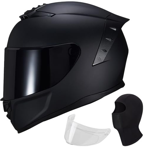 Full Face Motorcycle Helmet,Helmets for Adults Motorcycle, MG611 Motorbike Racing Street Bike Helmets with Black Visor for Men Women,DOT Approved (Matte Black-B+ Mask, L)