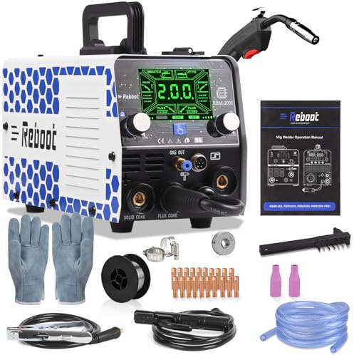 Reboot Saldatrice MIG 5 in 1 200A Sinergica - MIG MAG con/senza gas, Filo Animato, Lift TIG, MMA, Punti - Saldatura Alluminio - 240V Portatile per Fai da te e Officina - RBM2000G