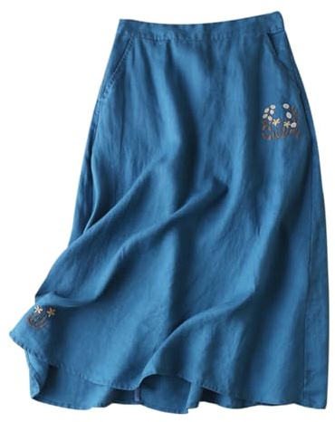 Générique Jupe Femme Fluide en Coton et Lin Brodée Haute Élastique Style Boho Décontracté Trapèze Mi-Longue