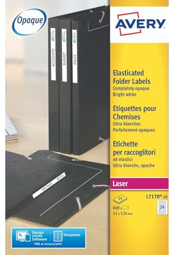 Avery L7170-25 Printable, Customisable Eurofolio Folder File Labels, 24 Labels Per A4 Sheet, White