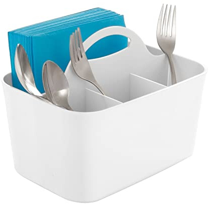 mDesign tragbarer Besteckkorb - Besteckständer mit Griff für Aufbewahrung von Besteck, Servietten etc. - Besteckhalter mit 4 Fächern - weiß