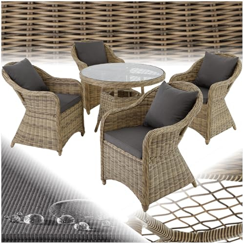 tectake® Ensemble de Salon de Jardin Exterieur 4 Places en Résine tressée & Aluminium, Table de Jardin, 4 Fauteuil en rotin, 8 Coussins imperméables Inclus, Mobilier de Jardin pour Amenagement Balcon