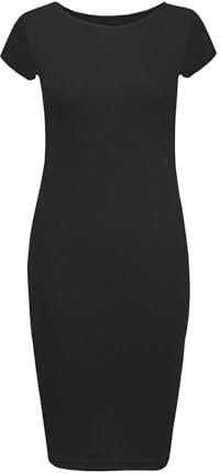 RIDDLED WITH STYLE Women's Cap Sleeve Scoop Neck Midi Dress Printed Plain Outfit Breathable Dress Ladies Summer Plain and Printed Wear Stretchy Plus Sizes Bodycon Dress (Black, UK 12-14)
