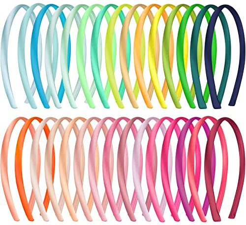 Duufin 30 Pieces Satin Headbands for Girls 1cm Colorful Headband Plain Satin Covered Headbands Crafts DIY Hair Accessories, 30 Candy Color
