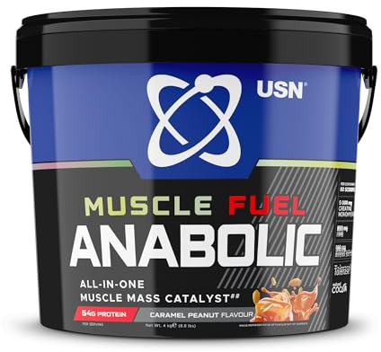 USN Muscle Fuel Anabolic All-In-One Muscle Mass Gainer, Caramel Peanut Flavour - 4kg, 54g Protein Powder, 5g Creatine Powder & 5g BCAA Powder For Maximum Muscle Growth, Post Workout Recovery Drink Mix