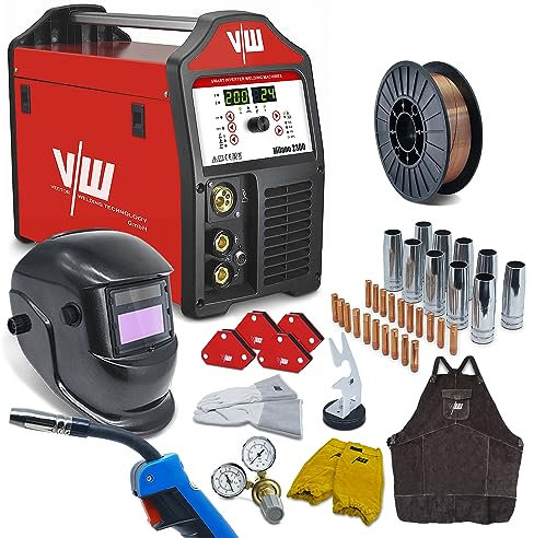 Milano2300 Poste à souder à fil fourré 200 A MIG MAG Poste à souder inverter 48 pièces avec casque de soudage et fil fourré pour professionnels et débutants, 2 et 4 temps VECTOR WELDING