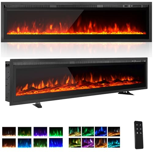 EROMMY Camino Elettrico Indipendente, Montaggio a Parete, Incasso, Effetto Fiamma a 9 Colori, Telecomando, 900W/1800W, Stufa Elettrica con Set di Cristalli e Ceppi (102cm)
