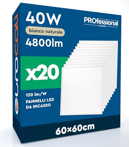 20 Pannelli LED 60x60 40W Quadrati da Incasso 4800 Lumen - Luce Naturale 4000K - Plafoniera da Ufficio Alta Luminosità 120 lm/W Lampada da Soffitto per Controsoffitti Modulari