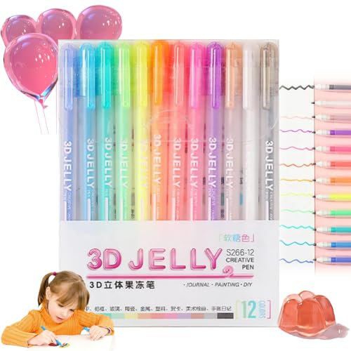 Shanos 3D Jelly Pens, 3D Jelly Pens - Set of 6/12, Gel Ink Glitter Pens, Sehao Glossy Jelly Pens for Scrap-Booking, School, Diaries and DIY Crafts Perfect for Glass, Plastic (12 Pcs)