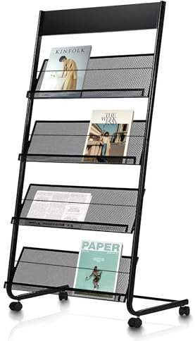xdgeLoad Magazine Rack Floor Standing Brochure Display Stand with Wheels, 4 Pockets Literature Holder Book Stand Floor Stand for Office, Trade Show, Exhibitions (Black)